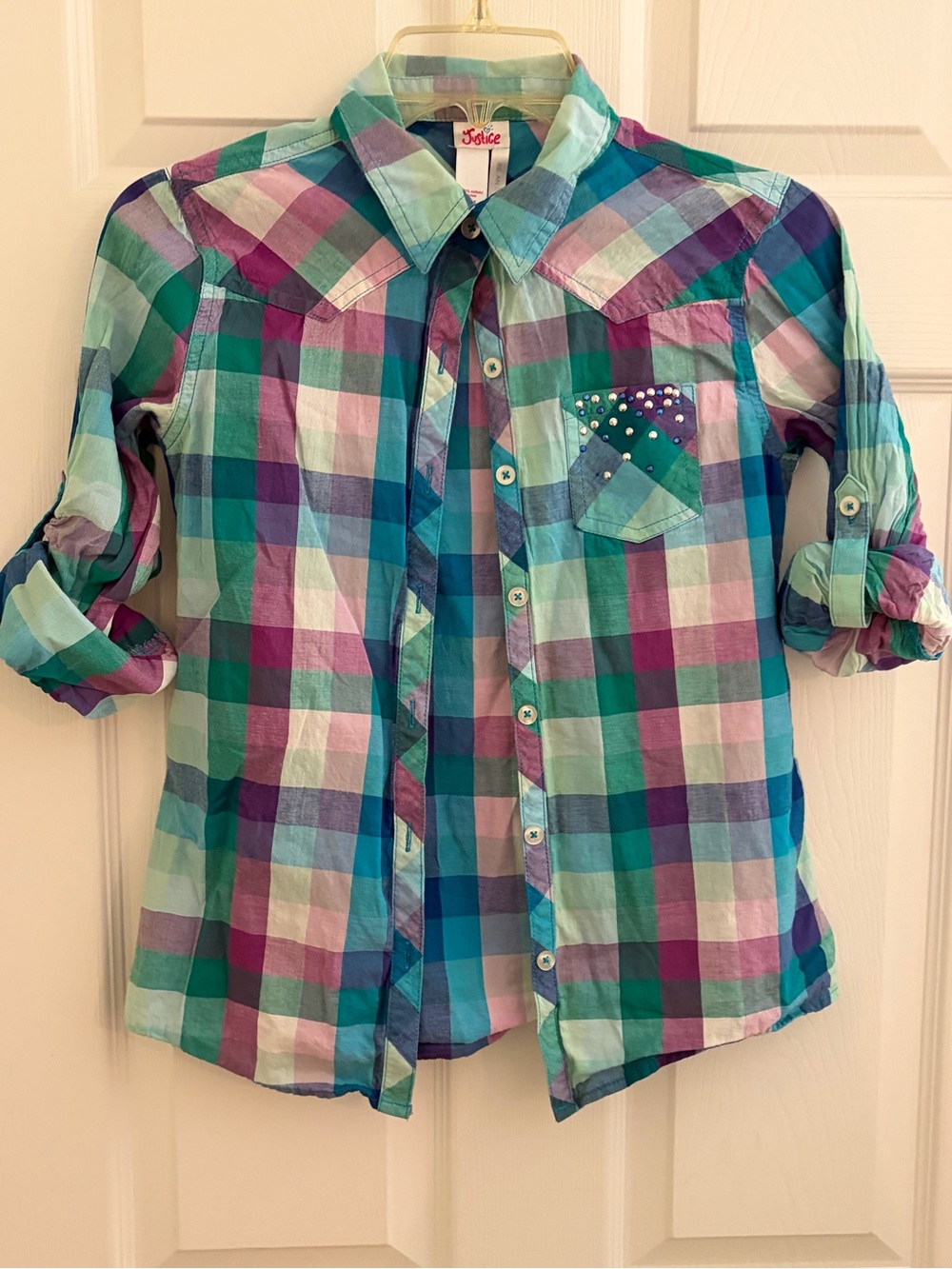 Justice Girls Plaid Button-Up Shirt - Mint, Teal & Purple